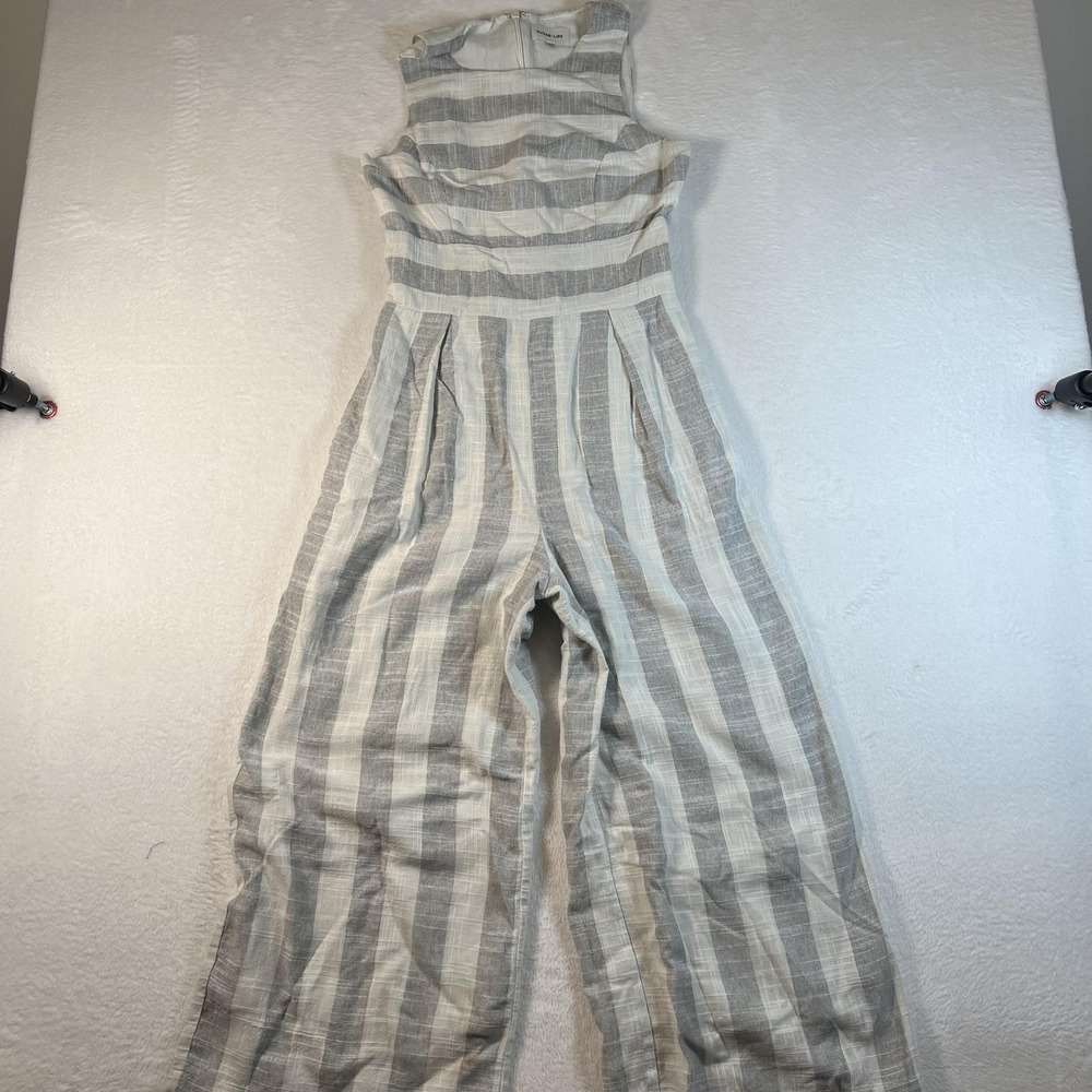SUGAR+LIPS Jumpsuit Womens Small Gray White‎ Stripe Linen Sleeveless Wide Leg
